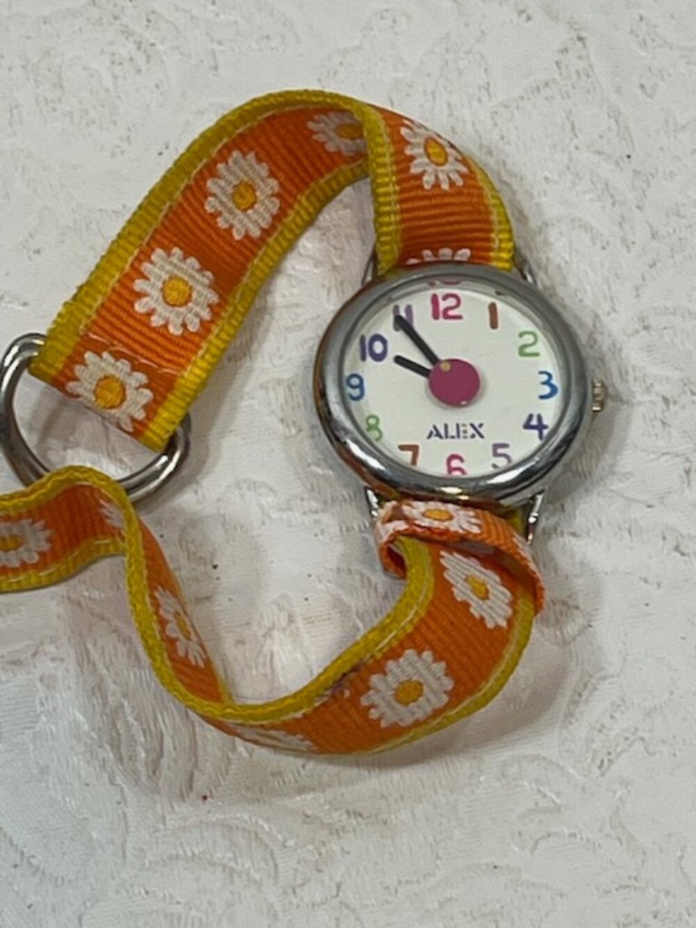 Alex Analog Watch Orange White Daisies Strap White Face Colorful Numbers Silver